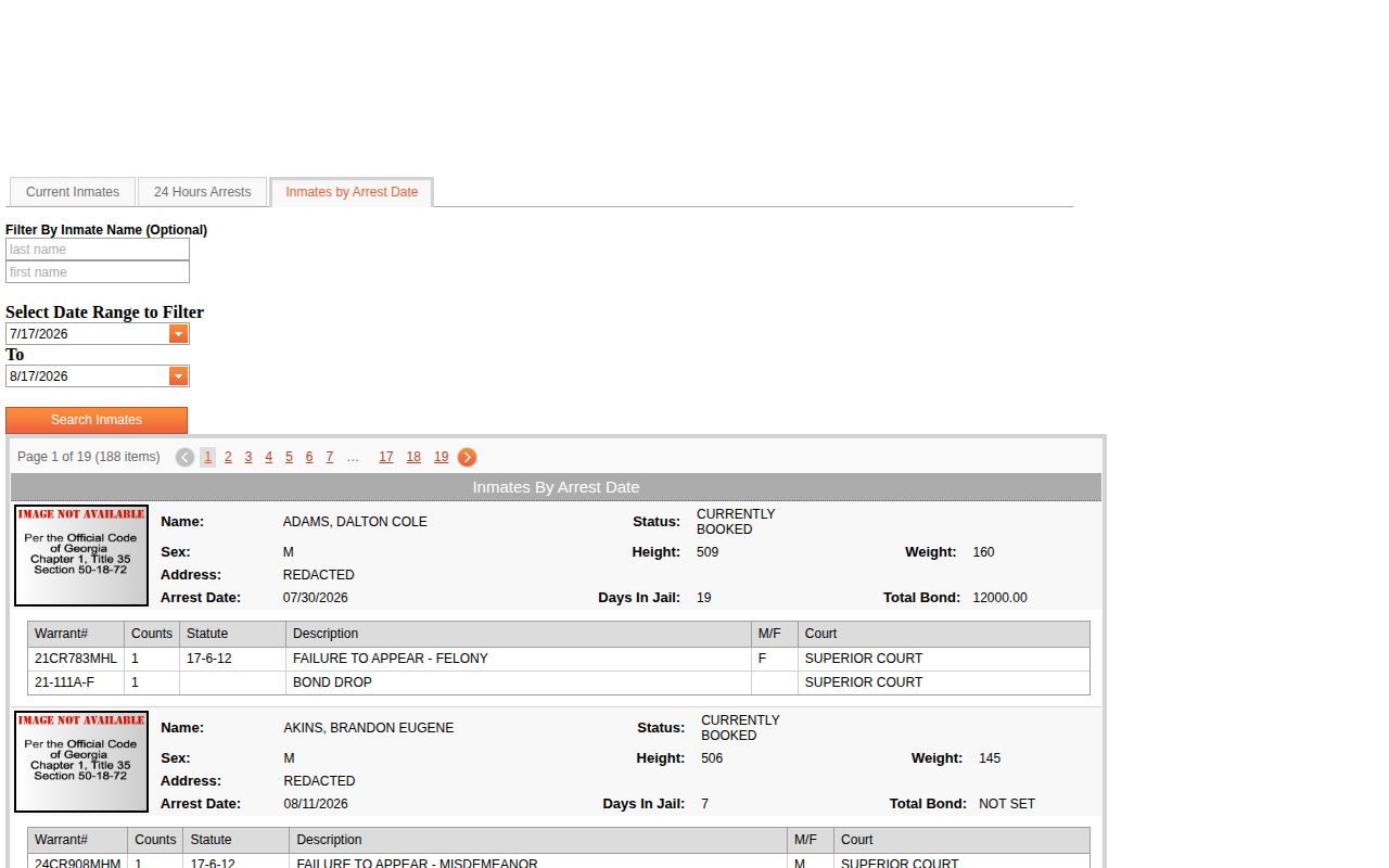 Polk County arrest-date range search interface for booking records
