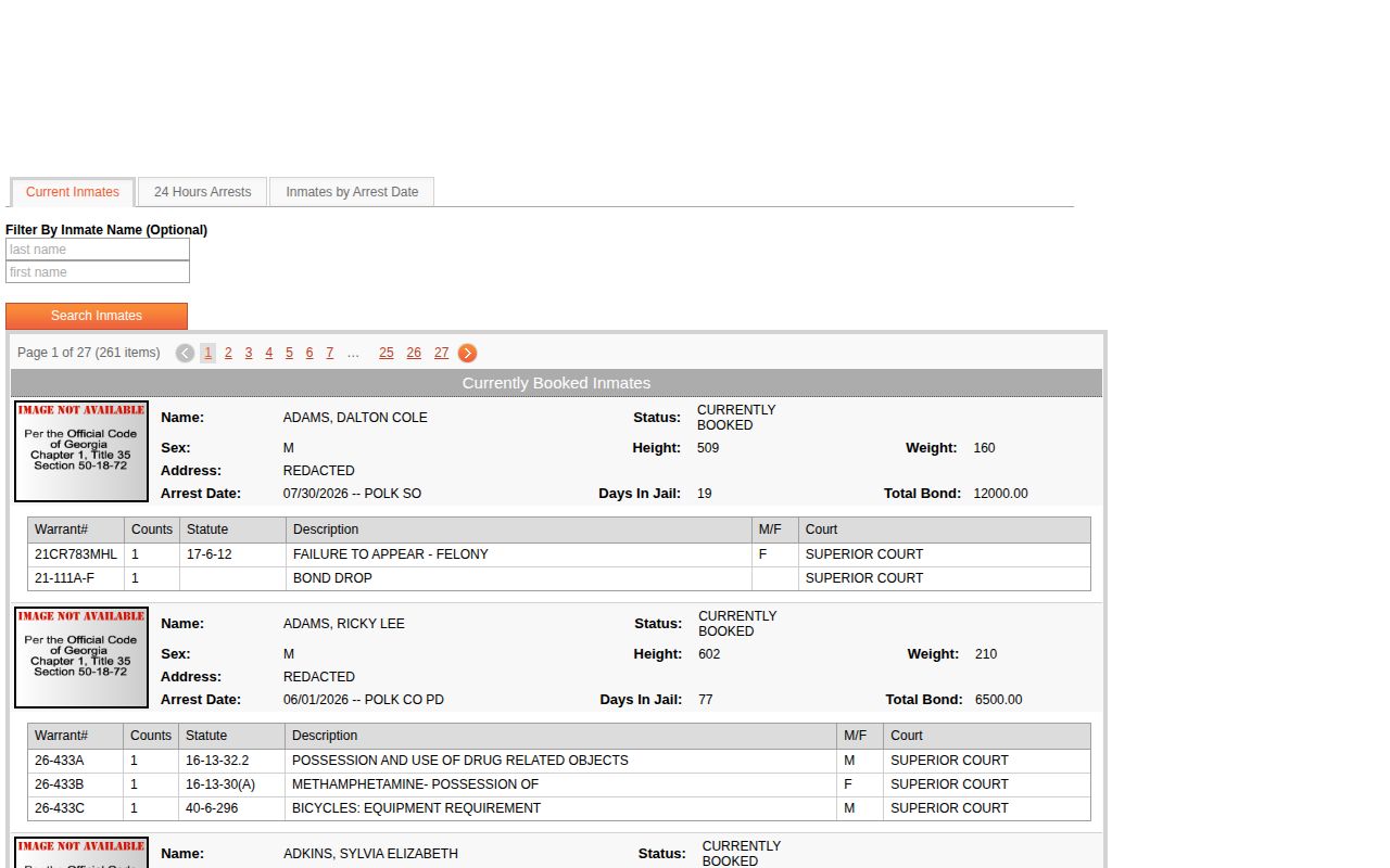 Polk County Jail current inmates search interface and booking fields