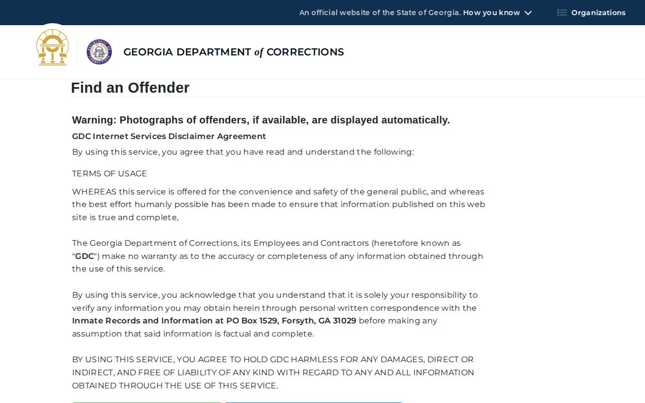 Georgia Department of Corrections offender search for sentenced state custody
