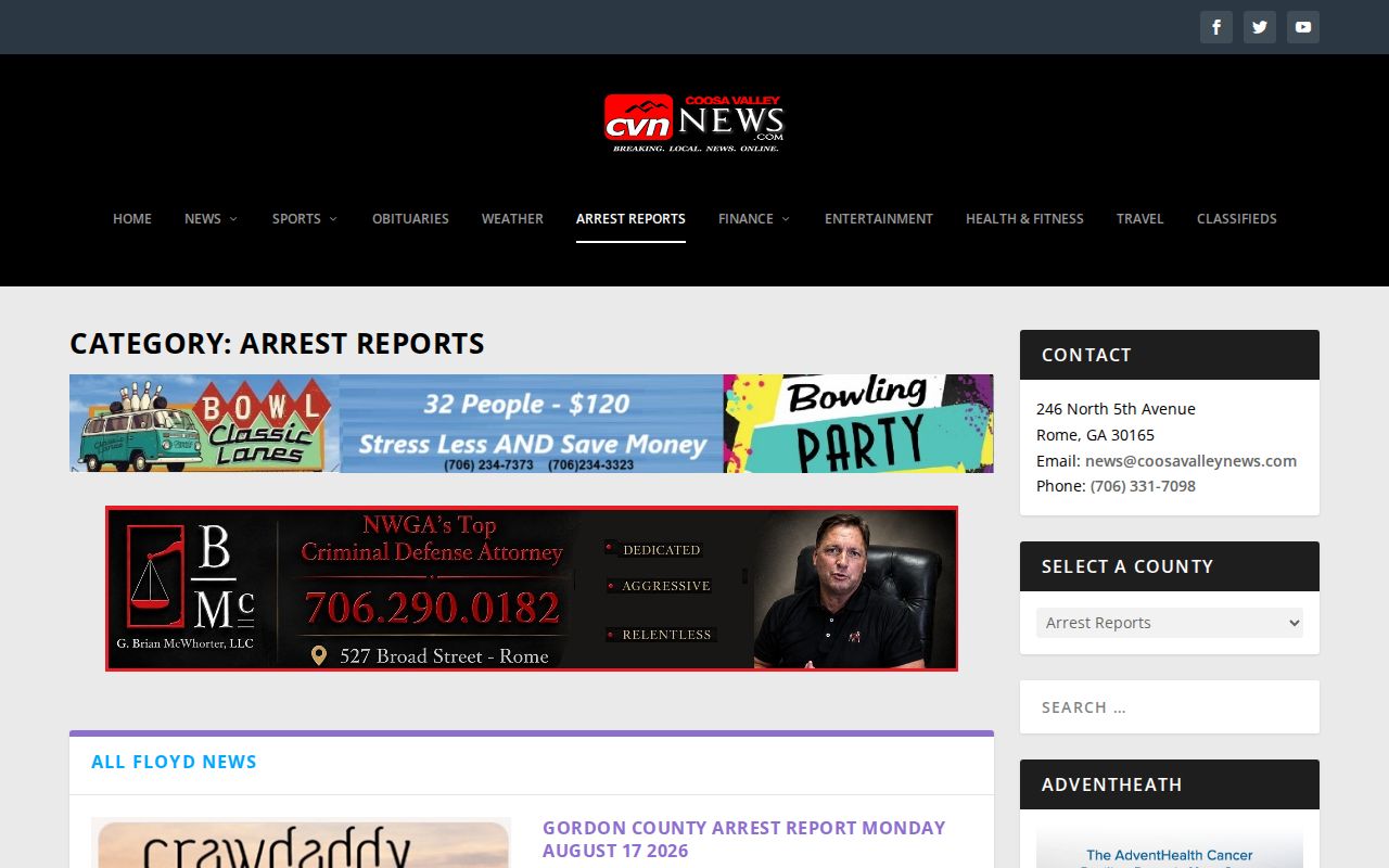 Coosa Valley News Polk County arrest report and sheriff summary source